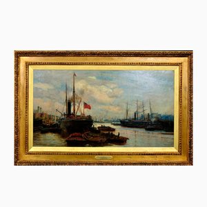 Charles Wyllie, Viktorianisches Maritimes Stadtbild mit Themse, Upper Pool, London, 1800er, Öl auf Leinwand, gerahmt