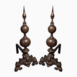 Antique Fireplace Andirons with Brass Cherubs, Italy, Early 1900s, Set of 2