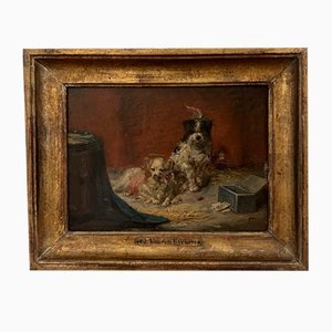 Charles Ii Van Den Eycken, Deux Chien de Compagnies, Olio su tavola, Incorniciato