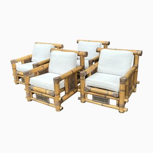 Large Bamboo Pagoda Lounge Armchairs, 1980, Set of 4