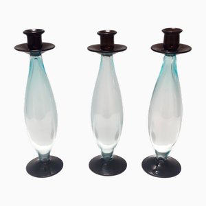 Portacandele vintage in vetro di Murano marrone e acqua, Italia, anni '80, set di 3