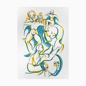 Alberto Cavallari, Blue and Yellow Figures, Lithograph, 1970s