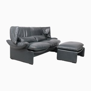 Ledersofa mit Pouf von Vico Magistretti für Cassina, 1980er, 2er Set