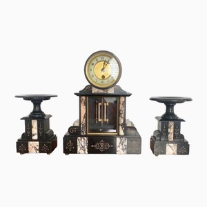 Horloge Victorienne en Marbre Noir, 1860s, Set de 3