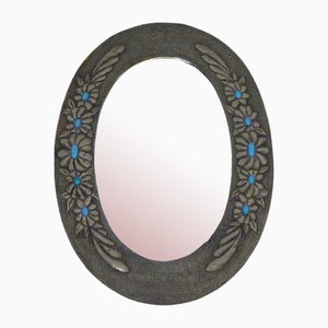 Oval Wall Mirror with Pewter Frame Decorated with Large Flowers in Relief, with Turquoise Heart, 1950s