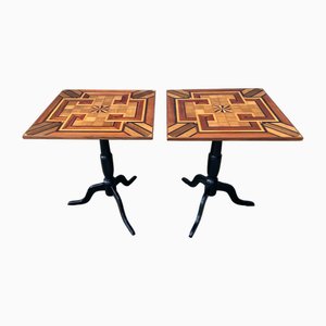 Antique Geometric Parquetry Inlay Top Side Tables, 1880, Set of 2