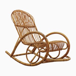 Sedia a dondolo Mid-Century moderna in vimini e bambù, anni '60