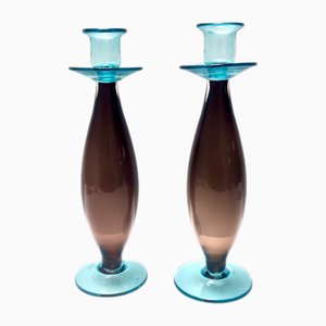 Portacandele vintage in vetro di Murano marrone e acquamarina, Italia, anni '80, set di 2