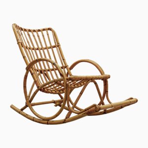 Sedia a dondolo Mid-Century moderna in vimini e bambù, anni '60