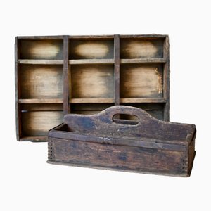 Cajas de herramientas vintage de madera y metal, años 40. Juego de 2