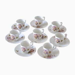 Service of Polychrome Porcelain Cups with Bird Decoration, 1920s, Set of 8