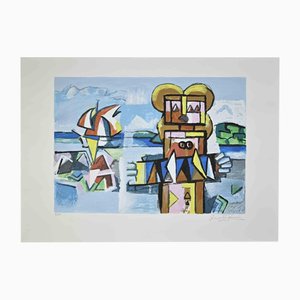 Ibrahim Kodra, Musician at the Sea, Lithograph, 1980s