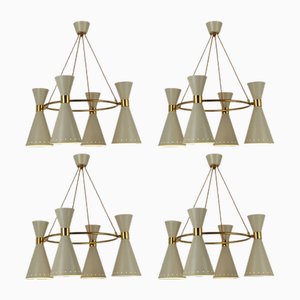Large Hourglass Chandelier with Grey Metal Diabolo Shades on Brass Frame, 1950s