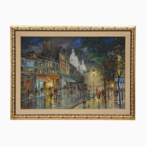 Una notte di pioggia a Montmartre, XX secolo, dipinto ad olio