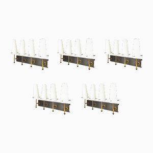 Black Metal, Brass & Opaline Glass 4-Light Wall Lamps, 1950s, Set of 5