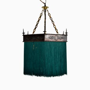 Edwardian Gothic Hexagonal Copper Green Tassel Fringe Chandelier Pendant Light, 1900s