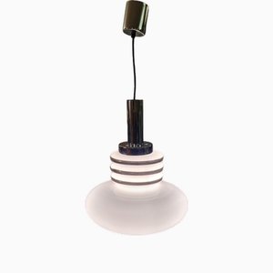 Lampada a sospensione Mid-Century Space Age in vetro bianco e metallo cromato di Leclaire & Schäfer, anni '70