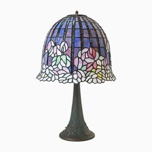Large Glass Mosaic Table Lamp with Bronze Water Lily Lamp Base in the style of Tiffany