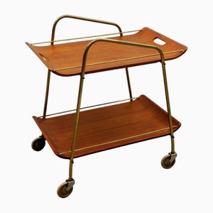 Mid-Century Modern Serving Cart in Teak and Brass with Removable Tray, 1950s