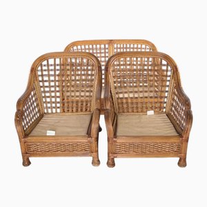 Vintage Sofa and Armchairs in Rattan, 1970s, Set of 3