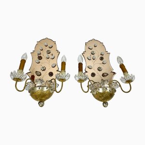 Vintage Mirrored Wall Sconces in Crystal & Gilt Metal, Italy, 1950s, Set of 2