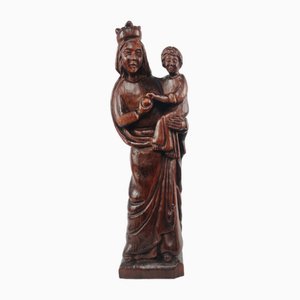 German Hand-Carved Black Forest Wooden Jesus & Mary Sculpture, 1920s