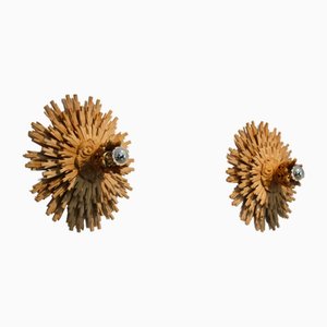 Natural Large Carved Sunburst Wooden Sconces, 1960s, Set of 2