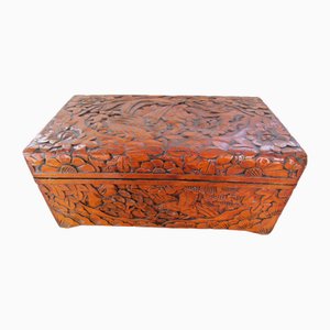 Large Carved Wooden Box with Floral and Bird Decor, 1930s