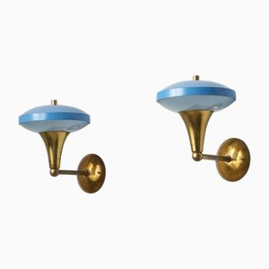 Appliques Mid-Century en Laiton avec Laque Bleue et Verre Givré, 1950s, Set de 2