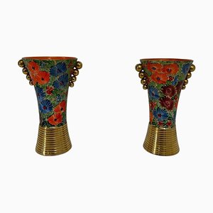 Italienische Art Deco Keramikvasen mit Blumenbemalung, 1940er, 2er Set