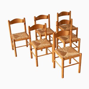 Rustic Chalet Chic Chairs in Pine and Rush by Vico Magistretti, 1970s, Set of 6