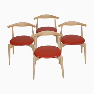 CH-20 Chairs in Beech and Red Leather by Hans Wegner, Set of 4
