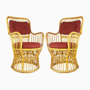 Italienische Mid-Century Sessel aus Rattan & Burgunder Wolle, 1960er, 2er Set