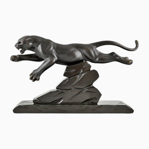 H. Gual, Art Deco Panther Sculpture, 1930, Metal & Marble