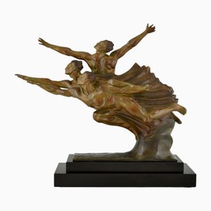 Robert Delandre, Art Deco Bronzeskulptur von 3 Sportlern: Allegorie der Geschwindigkeit, 1930, Bronze & Marmor