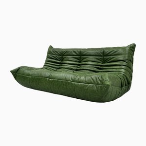 French Three-Seater Togo Sofa in Forest Green Leather by Michel Ducaroy for Ligne Roset.