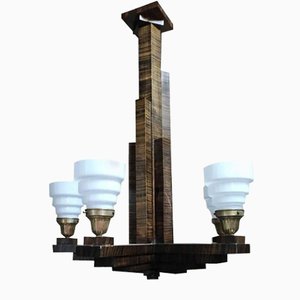 Vintage Art Deco Lampe in Wolkenkratzerform aus Holz & Opalglas, 1920er
