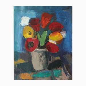 Aleksandr Rodin, Tulipanes en un jarrón # 2, Óleo sobre cartón