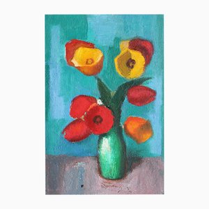 Aleksandr Rodin, Tulips in a Vase, Oil on Cardboard