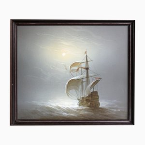 Vasily Hvatov, Sailboat at Full Moon, Oil on Canvas