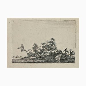 Antonie Waterloo, Shepherd with Cattle on a Wooden Bridge, 17th Century, Etching