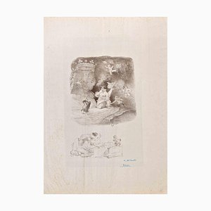 Adolphe Willette, Lady with Cupids and Dwarf, Lithograph, 1906