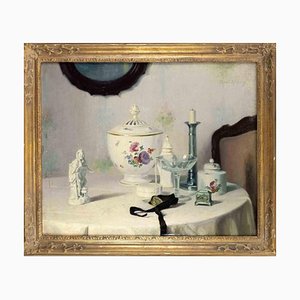 Paul Walter Erhardt, Bodegón con vidrio y porcelana, pintura al óleo, 1920