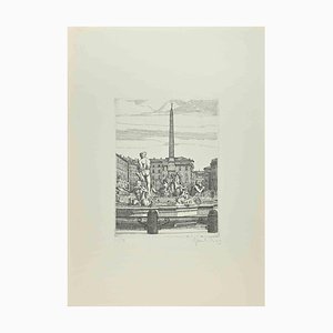 Giuseppe Malandrino, Navona Square, Fountain of 4 Rivers, Etching, 1972