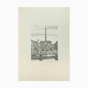 Giuseppe Malandrino, Navona Square, Fountain of 4 Rivers, Etching, 1972