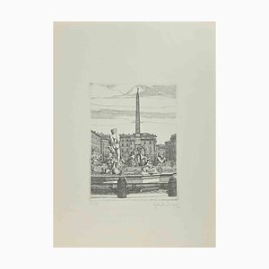 Giuseppe Malandrino, Navona Square, Fountain of 4 Rivers, Etching, 1972