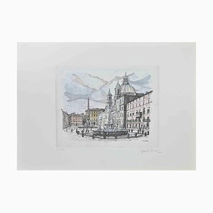 Giuseppe Malandrino, Navona Square, Fountain of 4 Rivers, Etching, 1970s