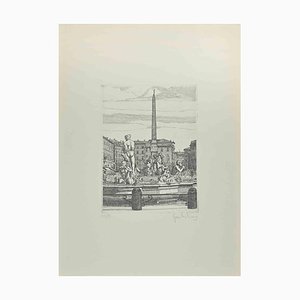 Giuseppe Malandrino, Navona Square, Fountain of 4 Rivers, Etching, 1972