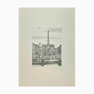 Giuseppe Malandrino, Navona Square, Fountain of 4 Rivers, Etching, 1972