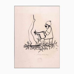 Mino Maccari, Gardener, Charcoal Drawing, 1970